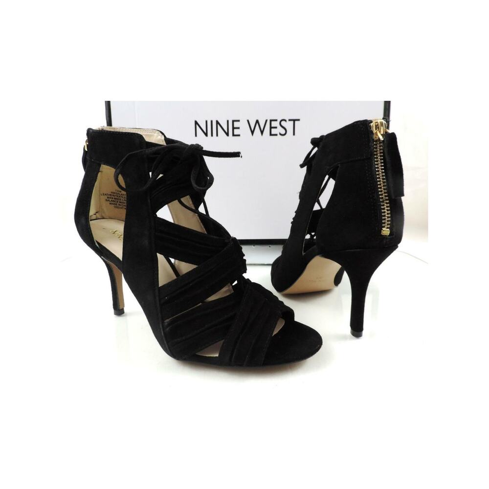Nine West GALAXY Peep-Toe Lace-up Mid Heel Sandals Back Zip Suede Black Size 7.5